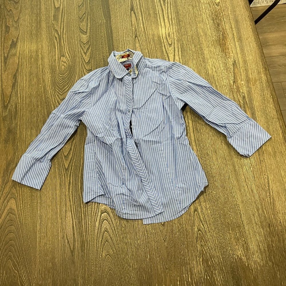 Talbots Haberdashery Sretch Poplin Shirt Striped Button-Up Blue White Petite 2P